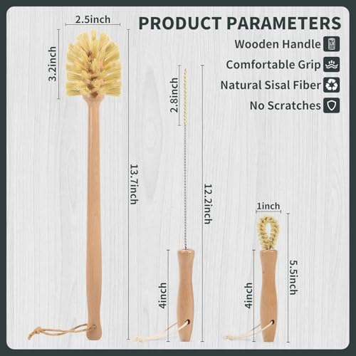 DEBETOOL Natural Bottle Brush Set 3-in-1-13.7 Inch Long Handle Wooden Bottle Brush for Cleaning, Water Bottle Cleaner Brush for Cups & Wide Mouth Jars