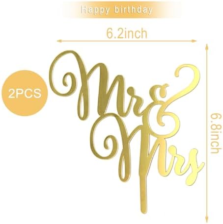 Totelux 2pcs Mr and Mrs Cake Toppers Acrylic Wedding Cake Toppers Gold Cake Pick for Bride Shower Anniversary Celebration Engagement Birthday Party Decorations Supplies