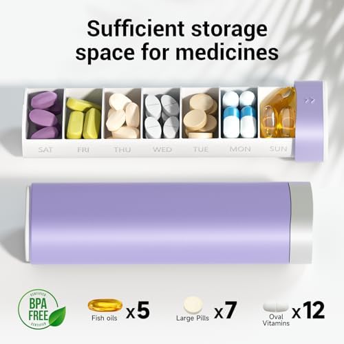 Betife Travel Pill Organizer Weekly 7 Day, Compact Daily Pill Box, Portable Medicine Case, Cute Pill Holder for Vitamins Supplements, Drawer-Shaped Pills Organizer (Purple)