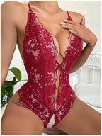 SOLY HUX Women's One Piece Lingerie Sexy Lace Babydoll Deep V Teddy Criss Cross Backless Teddy Mini Bodysuit