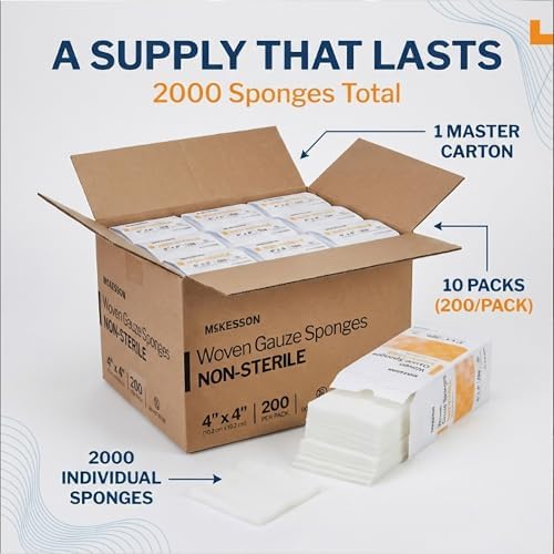 McKesson Non-Sterile Gauze Pads 4x4 Inch (200 Count) - 12-Ply 100% Cotton Non-Sterile Woven Sponges for Wound Care & First Aid - Highly Absorbent & Breathable Medical Supplies