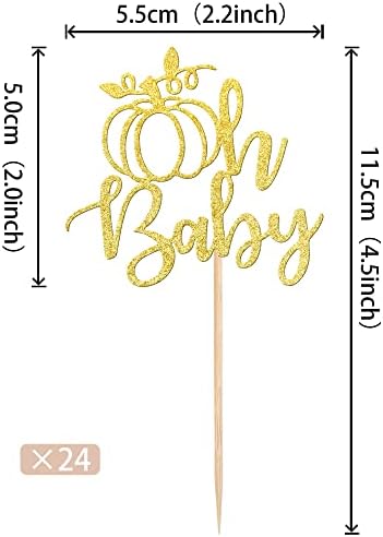 24 PCS Pumpkin Oh Baby Cupcake Toppers Glitter Gender Reveal Pumpkin Cupcake Picks for Fall Theme Baby Shower Kids Birthday Party Cake Decorations Supplies Gold