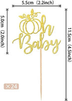 24 PCS Pumpkin Oh Baby Cupcake Toppers Glitter Gender Reveal Pumpkin Cupcake Picks for Fall Theme Baby Shower Kids Birthday Party Cake Decorations Supplies Gold