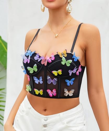 Testudineus Women Chic Butterfly Embroidered Corset Top Spaghetti Strap Sheer Mesh Push Up Bustier Bralette