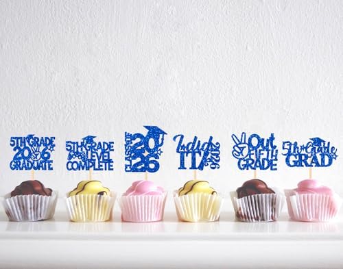 32 Pieces Blue Glittery 5th Grade Grad Cupcake Toppers Class of 2026 5th Grade Graduate Peace out Fifth Grade Cupcake Picks with Grad Cap Diploma 2026 Graduation Cupcake Party Decorations