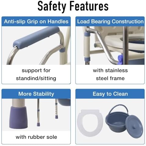 Japard Folding Bedside Commode Toilet for Seniors Adults Portable, Standard Seat, Sturdy Steel Frame, 5.3 QT. Bucket, 330 lbs Weight Capacity, Tool-Free Assembly