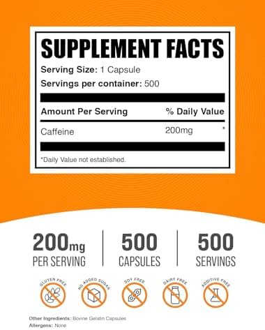 BulkSupplements.com Caffeine 200mg Capsules - Supplement for Energy Boost, Caffeine Pills 200mg - Gluten Free, 1 Capsule per Serving, 500 Count (Pack of 1)