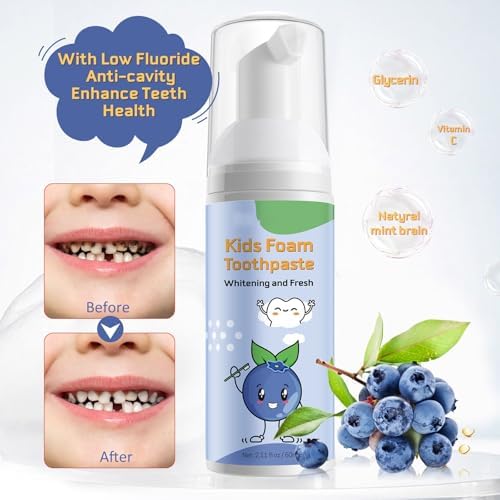 Foam Toothpaste Kids, Kids Foam Toothpaste, Toddler Toothpaste with Low Fluoride for U Shaped Toothbrush, Children Oral Cleaning for Ages 3 Plus (2PCS, Watermelon+Blueberry)