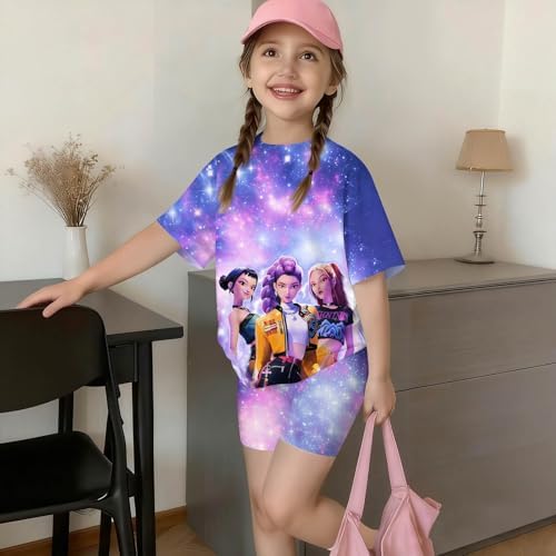 K-pop HUNTR/X 2 Piece Short Sleeve Top and Shorts Hunter Print Outfits Set Teen Girl Summer Costume Outfits Short Set