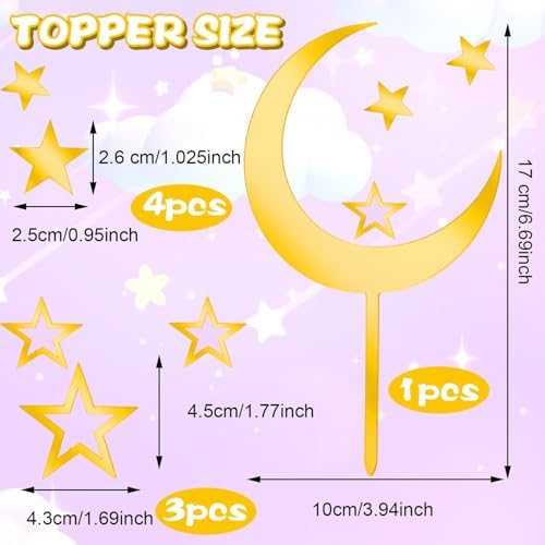 Moon Star Cake Toppers Acrylic Cake Decorations Twinkle Twinkle Little Star Celestial Cake Charms Mirror Gold for Over the Moon Baby Shower Wedding Birthday Party