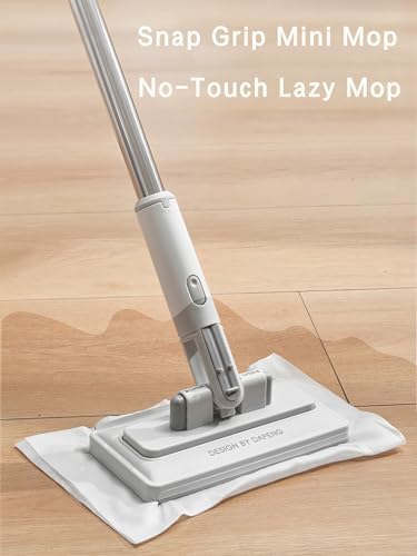Snap on Grip Mini Mop for Floor Cleaning - Self-Locking Flat Compatible with Any Cloth, Wet & Dry Dust Mop for Hardwood, Walls & Baseboards, Hands-Free Lazy Mop with Microfiber Pads (No Touch)