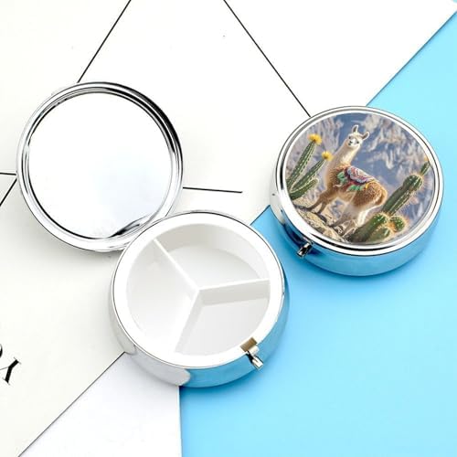 Llama Cactus Pill Box with 3 Compartments and Mirror Portable Pocket Pill Case Metal Travel Medicine Organizer Purse Medicine Holder for Vitamin Supplement Fish Oil