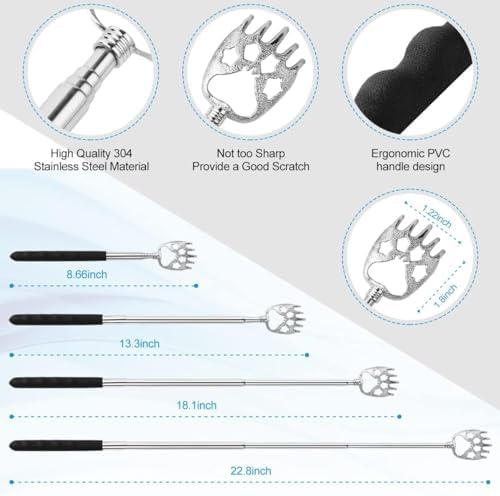 4Pcs Different Back Scratcher Extendable Back Massager Tool with Rubber Handles, Metal Portable Telescoping Back Scratcher, Stocking Stuffers for Men Women Christmas Gift (Black)