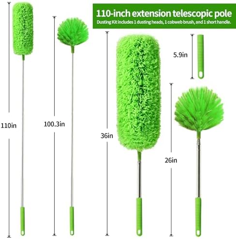 Cobweb Duster with Extension Pole, Washable Cleaning Duster Set with 2 Duster Heads, Corner Brush, 15-110-Inch Telescoping Pole for high Ceiling Fans, Long Duster for high Ceilings，Spider Web Brush