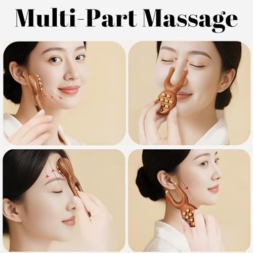 Sandalwood Facial Massage Roller with 12 Brass Beads, Wooden Y-Shaped Guasha Tool for Face, Eye, Nose, Ear Meridian Acupoint Massage