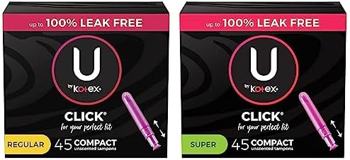 U by Kotex Click Compact Tampons, Regular Absorbency, Unscented, 45 Count & U by Kotex Click Compact Tampons, Super Absorbency, Unscented, 45 Count