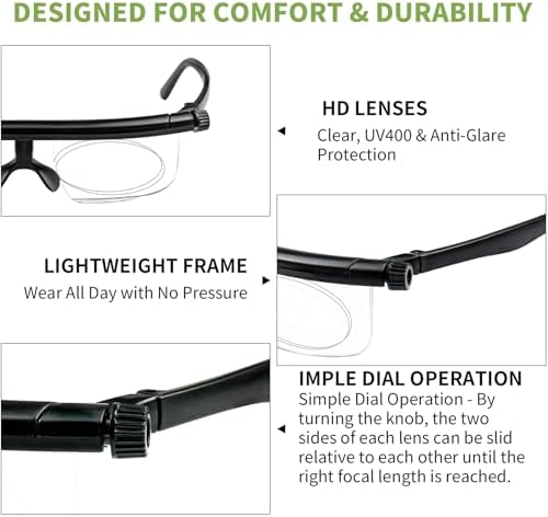 Flex Focal Adjustable Glasses Dial Vision Reading Glasses Zoom Eyeglasses for Men Women One Power Auto Focus 0D to 400D Presbyopic Readers Variable Focus Eyewear Read Distance Near Far Sight