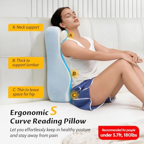 Ergonomic S Curve Reading Pillow for Sitting in Bed Adult- Back Pillow for Bed Sitting up with Adjustable Headrest- Memory Foam White, Blue