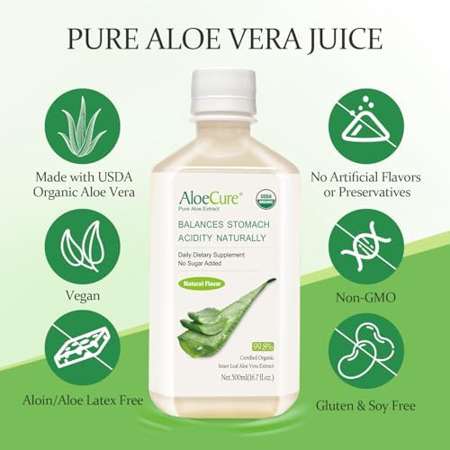 AloeCure USDA Organic Aloe Vera Juice Made Within 12 Hrs of Harvest - Pure Aloe Juice Natural Digestive Supplement to Support Digestion, Immune System and Balanced Stomach Acidity, 2 x 500ml Bottles