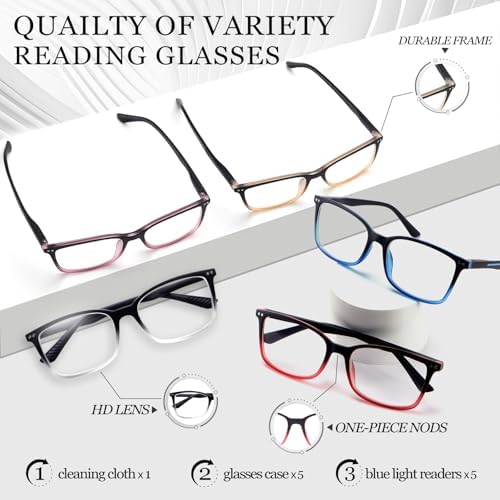 5 Pack Reading Glasses for Women Men, Blue Light Blocking Computer Readers Spring Hinge Fashion Eyeglasses