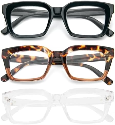MMOWW Oversized Reading Glasses for Women 3 Pairs Sqaure Frame Blue Light Blocking Computer Readers +1.0