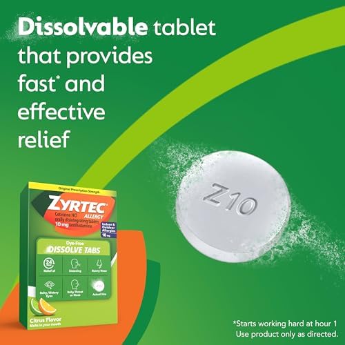 Zyrtec 24 Hour Dye-Free Allergy Relief Dissolve Tablets with 10 mg Cetirizine HCl, Citrus Flavored Antihistamine Allergy Medicine Helps Relieve Sneezing, Runny Nose, & Itchy Eyes, 24 ct