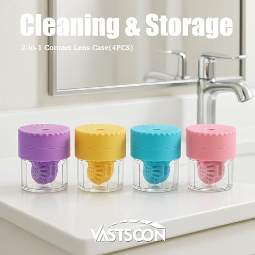 Contact Lens Case, 2 in 1 Manual Contact Lens Washer Cleaner Storage Case Portable Size Solution Soaking Container for Travel, Daily Use (4 Colors)