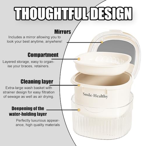 Denture Case Kit, Retainer Cleaner Case with Cleaning Brush, Retainer Cleaning Denture Bath Cup with Mirror Use in Denture Bridges, Partial Dentures, Traditional Braces for Travel