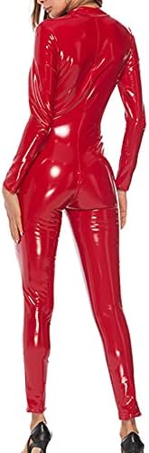 SOMTHRON Women's Sexy Latex Catsuits Long Sleeve Front Zipper Jumpsuits Metallic PU Long Pants Wet Look Teddy Bodysuits