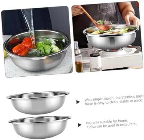 2pcs Thick Stainless Steel Basin Large Mixing Bowl Flat Bottom Vegetable Fruit Washing Bowl Kitchen Accessory
