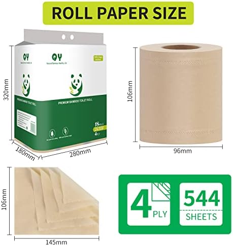 Bamboo Toilet Paper, 4-Ply, 18 Rolls, 200 Sheets Per Roll, Total 3600 Sheets, Unbleached, Sustainable and Tree Free, Soft, Strong, Earth-Friendly