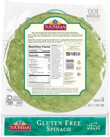 Toufayan Gluten Free Wraps, Spinach – 3 Packs (18 Total), Soft 9″ Tortilla-Style Wraps, Vegan, Kosher, Freeze for Freshness
