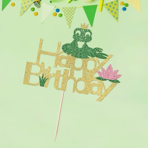 Glitter Frog Princess Happy Birthday Cake Topper, Gold and Green Party Decoration (frog)