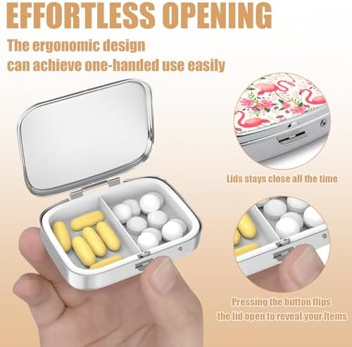 Pill Box-2 Compartment Small Pill Case Square Organizer Case with Mirror Portable Metal Medicine Box Travel Container for Pocket & Purse Women Men（Pink Flamingo Floral）