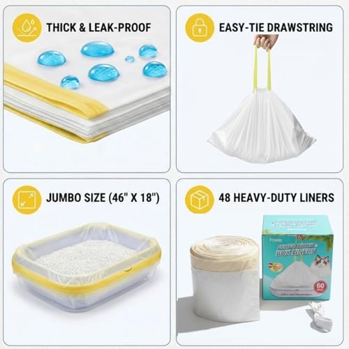 60 Pack 37"x18"Cat Litter Bags – No-Tear, Easy-Pull 3MIL Leakproof Jumbo Litter Box Liners, Heavy Duty Drawstring, Boxed Packaging, Odor Control Kitty Litter Bags with Adjustable Elastic Band