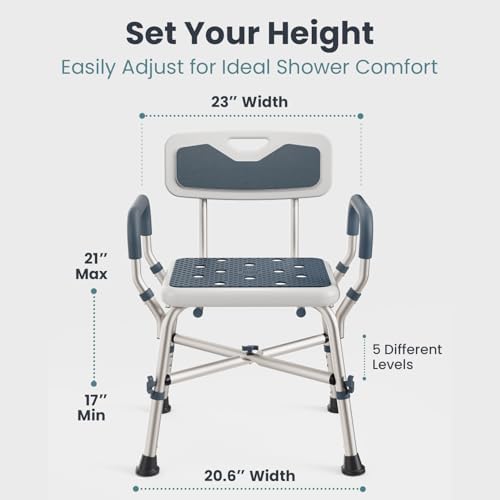 PELEGON Shower Chair for Elderly and Disabled (450lb) with Padded Armrests and Back, Adjustable Height Shower Seat, Heavy Duty Shower Chairs for Inside Shower, Handicap - Blue