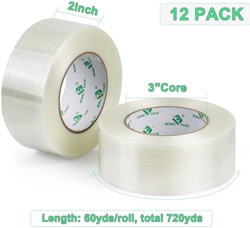BOMEI PACK 12PACK Strapping Tape 2Inch, Heavy Duty Fiberglass Reinforced Packing Tape, 5.5Mil x 60Yds