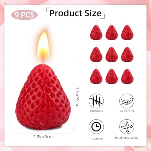 9 Pack Strawberry Shaped Scented Candles, Red Mini Soy Wax Fruit Aroma Decorative Candles, Realistic Strawberry Design for Bedroom, Bathroom, Parties, Table Décor, Photo Props, Birthday Gifts