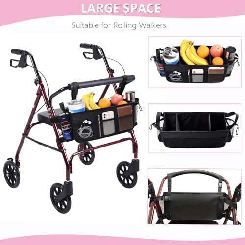 Upgraded Rollator Basket Foldable Rollator Walker Storage Bag with Cup Holder for Seniors with Big Capacity,Never Tipping Over and Easy to Use,Best Present for Family