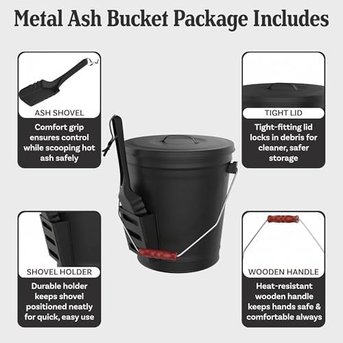 Ash Bucket - 4.75-Gallon Metal Bucket with Lid and Shovel for Fireplace or Firepit Ashes - Heat Resistant Fireplace Tools by Pure Garden (Black)