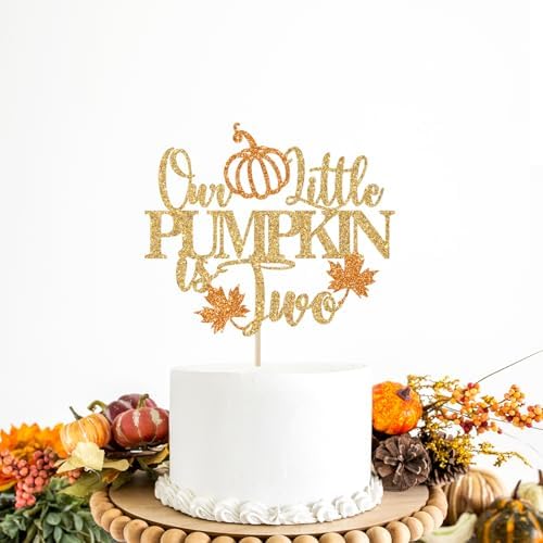Our Little Pumpkin is Two Cake Topper, Pumpkin 2nd Birthday Cake Decorations, Fall Halloween Themed Second Birthday Party Decorations, Gold Glitter