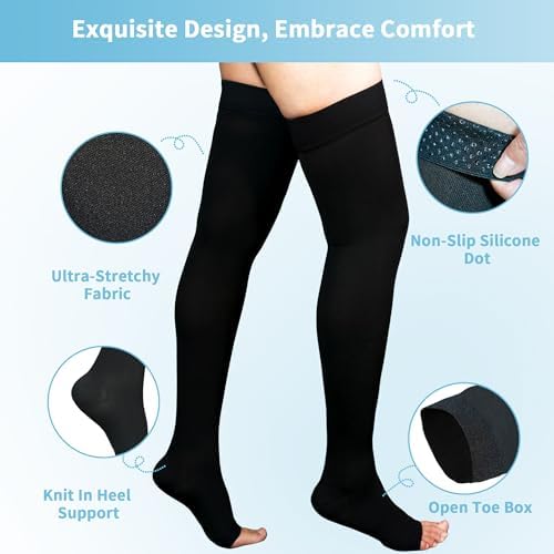 20-30 mmHg Compression Stockings for Women & Men, Thigh High Compression Socks Open Toe, Silicone Dot Band