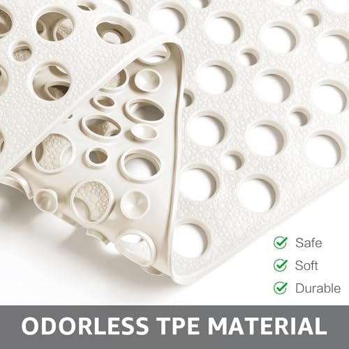 Yolife Extra Large Shower Mat 47x32 inch, Non Slip Shower Mat for Inside Shower with Drain Holes and Suction Cups for Bathroom, No Odor TPE Shower Floor Mat,White