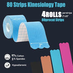 Kinesiology Tape Precut Strips<4Roll>Athletic Tape Waterproof Elastic Sports Tape for Joints Support & Muscle Pain Relief <66ft,80strips>Cotton K Tape