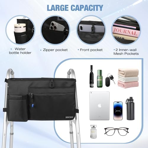 Walker Bag with Cup Holder, Walker Accessories for Seniors Detachable, Foldable Walker Basket with Big Capacity, Best Gift- Black (Not Fit Rollator Walkers)