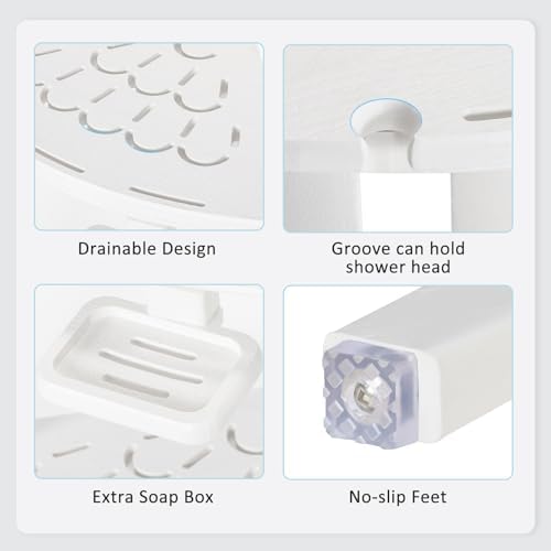 NALONE Corner Shower Stool, HDPE Shower Bench for Inside Shower, Small Shower Chair Seat for Shaving Legs with Storage Shelf, Soap Box and No-Slip Feet (White)