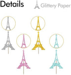24PCS Eiffel Tower Cupcake Toppers, Wedding Party Decor, Bridal Shower Dessert Cupcake Toppers, Paris Themed Birthday Party Decoration - Pink & Sliver & Blue & Gold Glitter