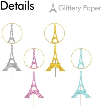 24PCS Eiffel Tower Cupcake Toppers, Wedding Party Decor, Bridal Shower Dessert Cupcake Toppers, Paris Themed Birthday Party Decoration - Pink & Sliver & Blue & Gold Glitter