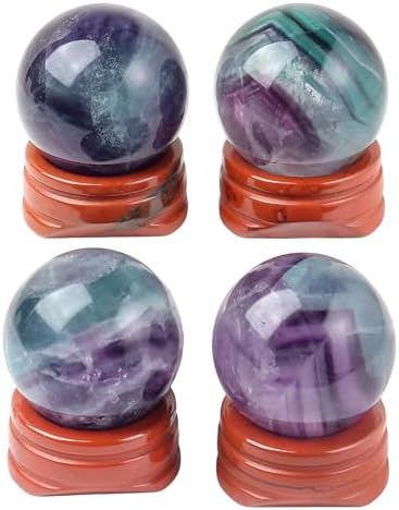 Natural Fluorite Ball with Red Jasper Stand, Healing Crystal Sphere for Home Fengshui Yoga Meditation, Reiki Energy Balancing 1.18”(30mm)