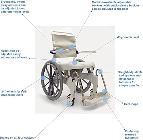 Invacare OCEANERGOSP Aquatec Ocean Ergo Rolling Shower Wheelchair with Self-Propelled Wheel and Commode